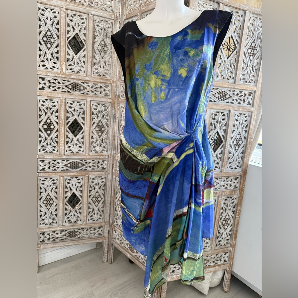RACHEL ROY Blue and Green Watercolor Sheath Dress Sleeveless Scoop Neck